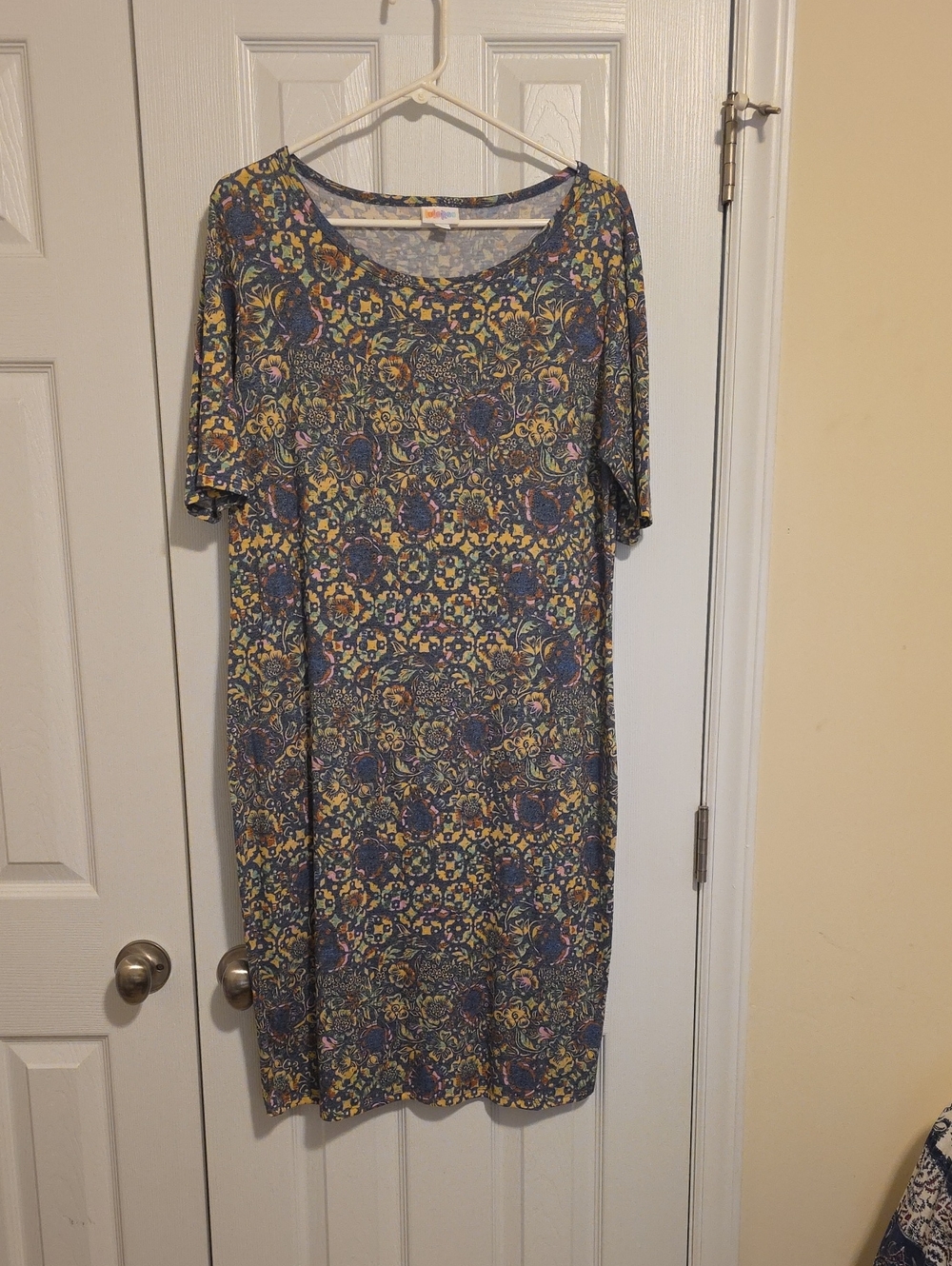 LuLaRoe Floral Midi Dress in Blue and Yellow